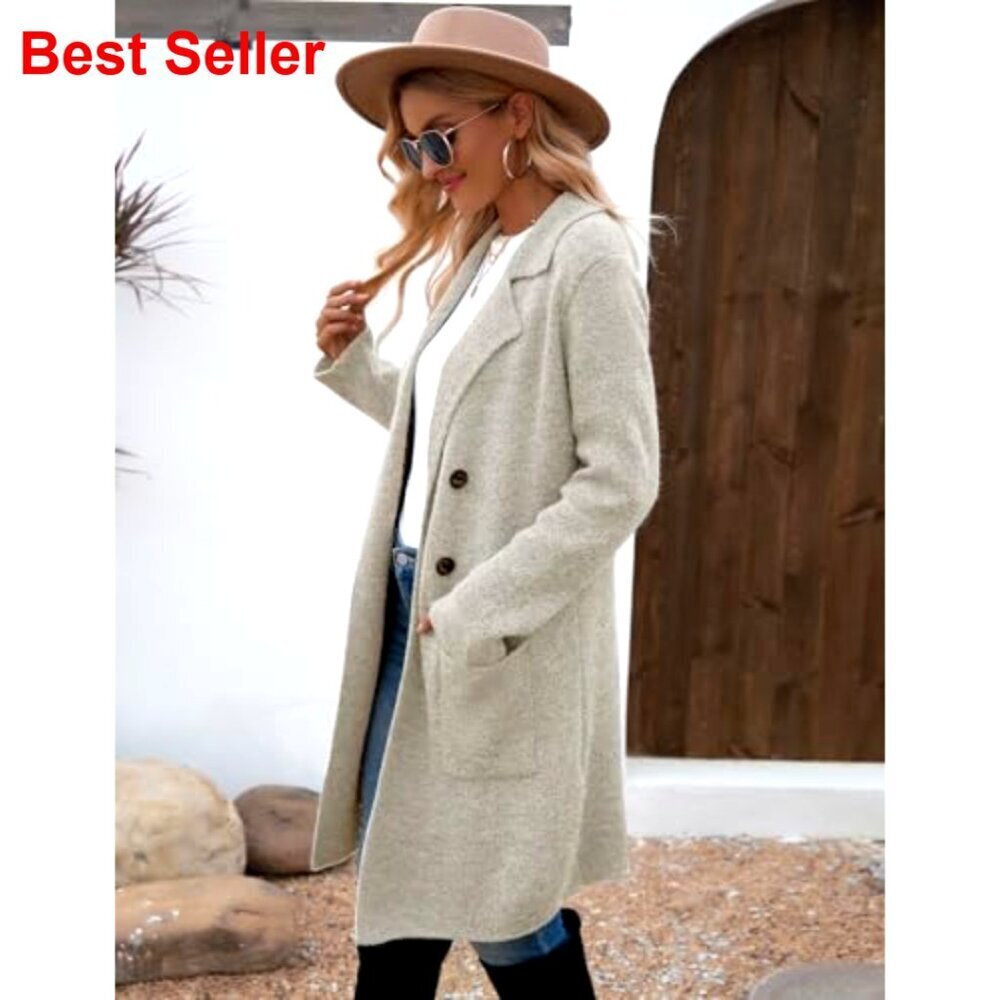 Long Knit Cardigan Sweater Jacket with Pockets, Notch Lapels, Chunky Fabric - Picture 3 of 7